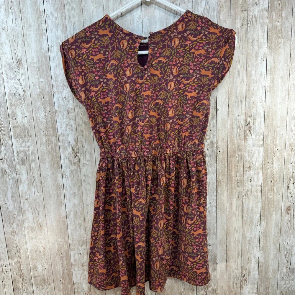 Cynthia Rowley Girls Fox Forest Print Dress Purple Orange Elastic Waist Size 7 8
